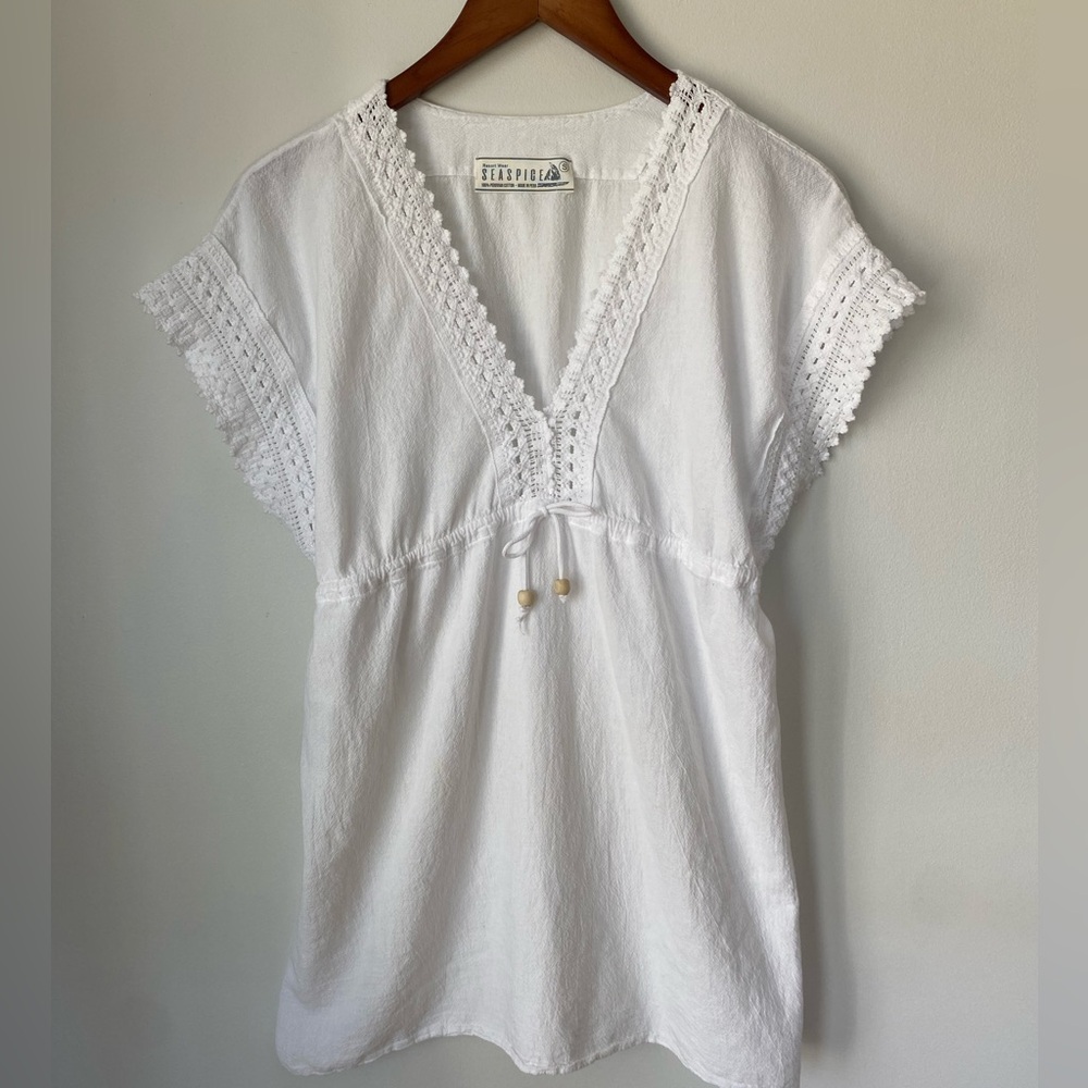Seaspice White Crochet Lace Trim V-Neck Swim Beach Dress Coverup S